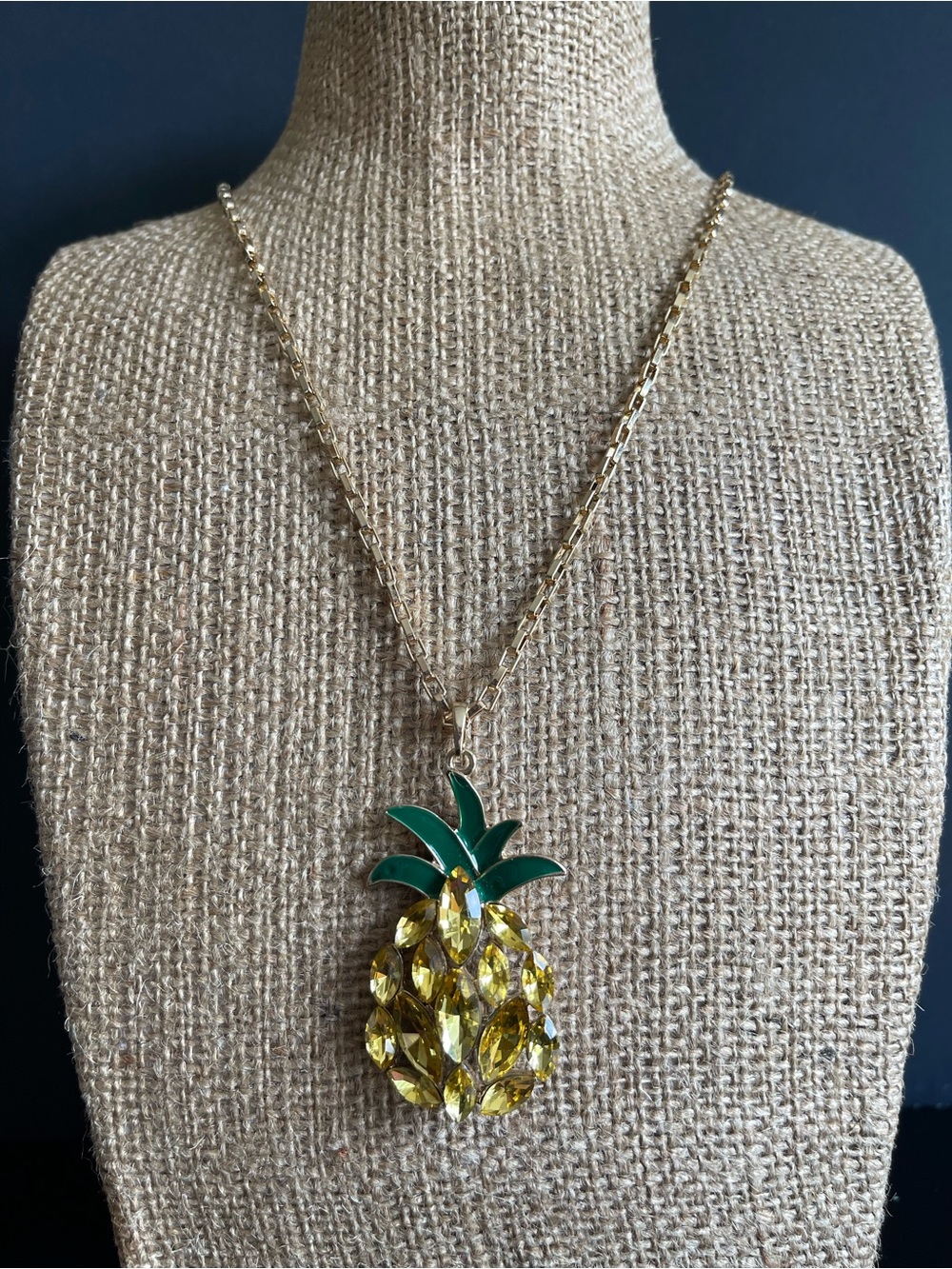 1946 signed Gold tone rhinestone Pineapple Pendant Necklace.
